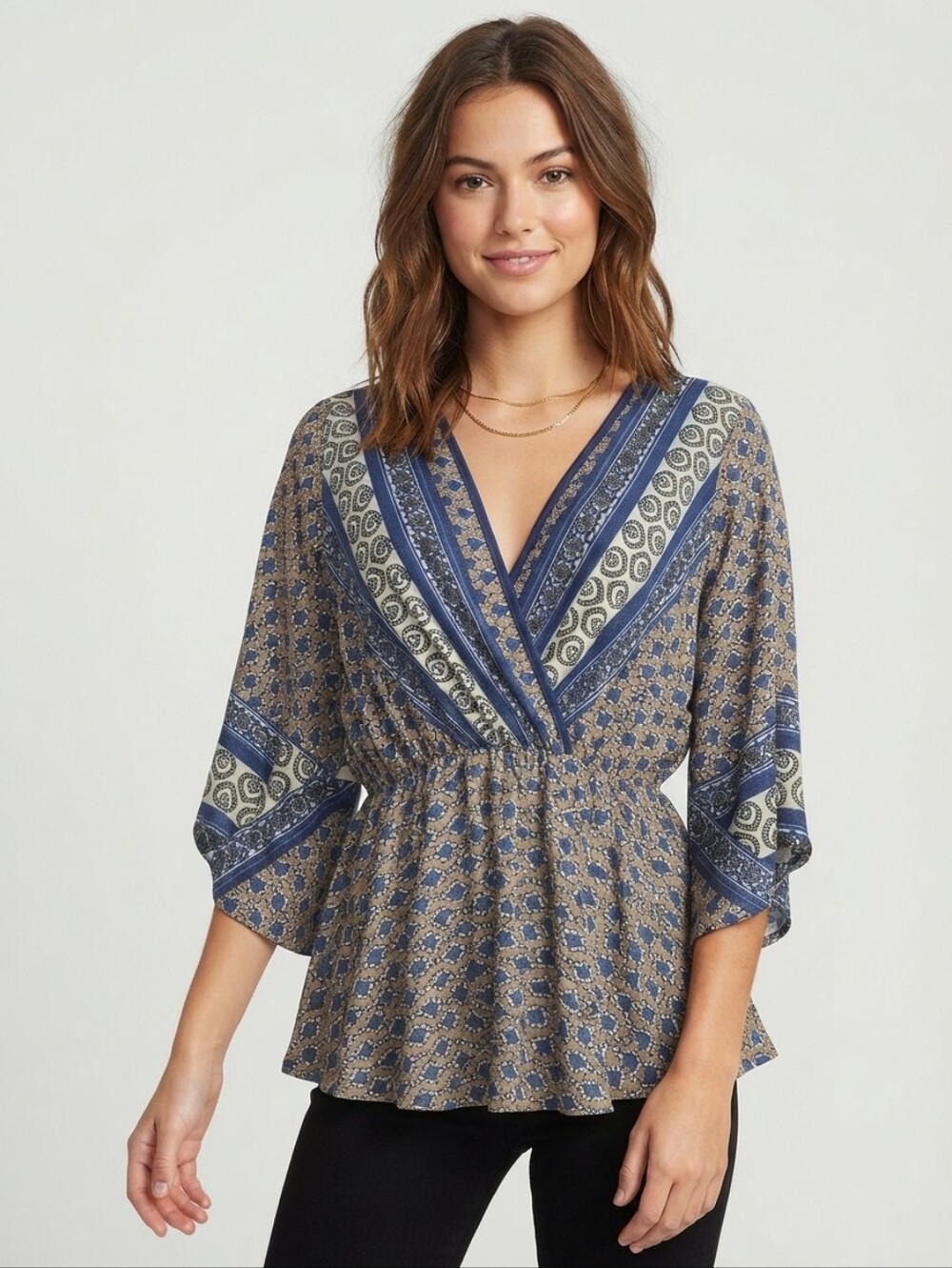 NEW Blue Multi Tribal Print V-Neck Top Size L Juniors/ Women's S